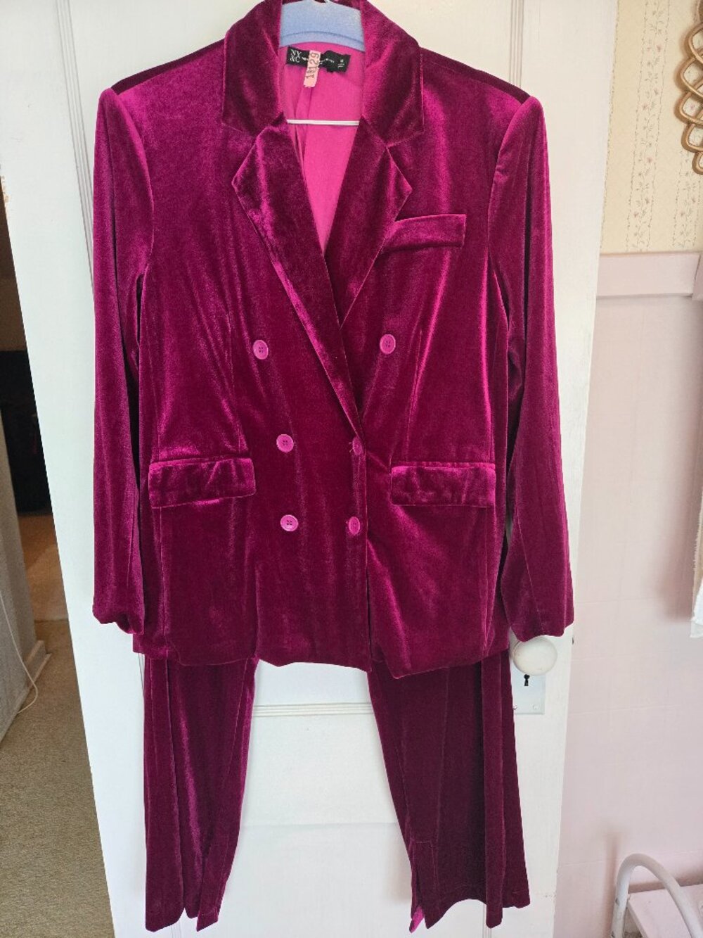 Magenta Velvet Double Breasted Blazer and Pants Set from New York & Company